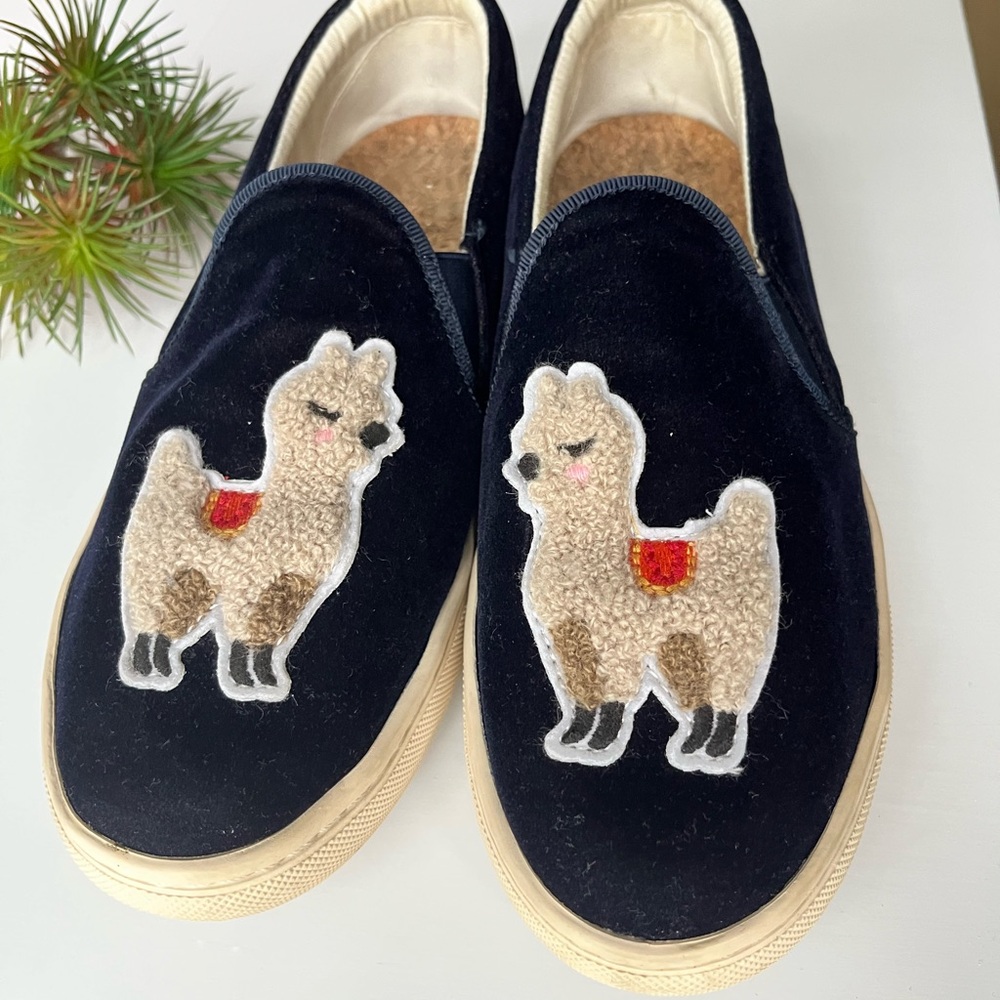 Anthropologie Navy Velvet Llama Slip-On Shoes